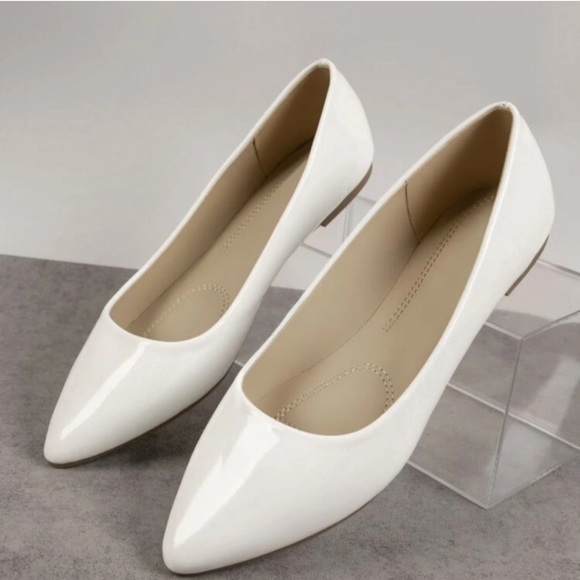 White Glossy Pointed Toe Flats - Picture 1 of 5